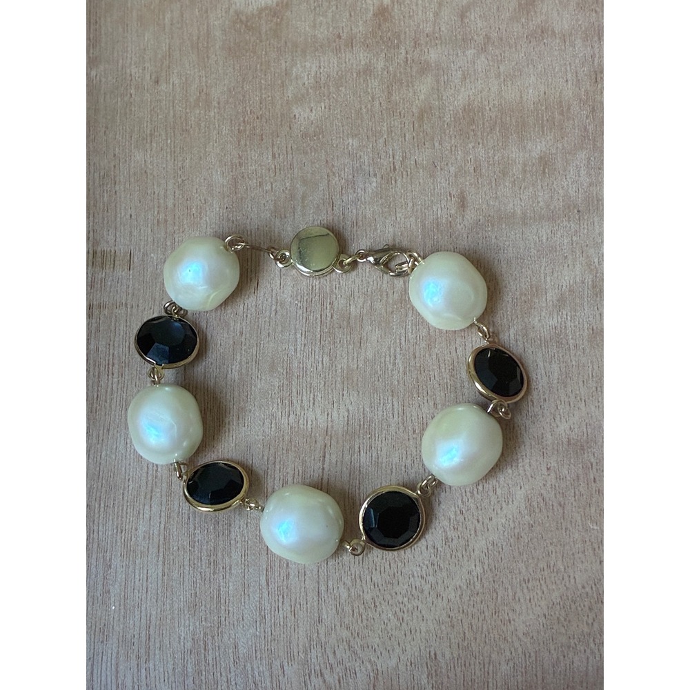 Black Crystal Faux Pearl Bracelet Gold Tone Statement Chunky Beaded